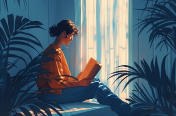 Warm sunlight bathes a woman reading by the window, surrounded by indoor plants, evoking a cozy and calm atmosphere ideal for World Book Day.
