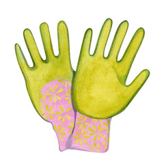 Illustration of hand-drawn watercolor gardening gloves. Watercolor hand drawn. 
 Perfect for design of children's books, magazines about gardening, hobby, flower shop, seedlings, seeds.