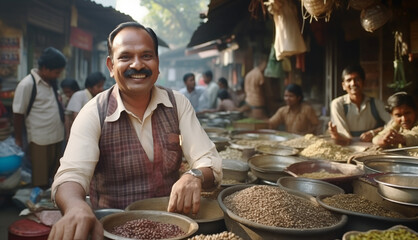 Portrait of aged calm smiling face of old Hindu Man selling a various spices in shop on the indian street market. Agriculture industry, food industry, working people and traveling concept image. - Powered by Adobe