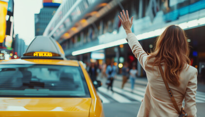 Young woman dressed elegant Business Suit outfit calling yellow taxi cab raising arm gesture in...