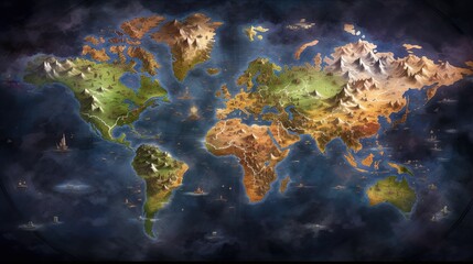 World map, Earth flat view. Detailed World physical map in satellite photo. Panoramic planet map with texture surface and ocean.