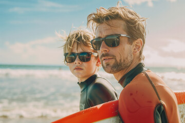 father and son wearing sunglasses in summertime out on activities together