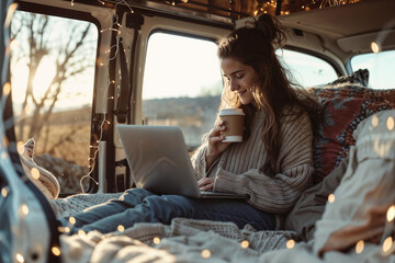 woman working from the comfort of her van holding a coffee