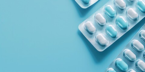 A pack of blue and white antibiotic pills sitting on a blue surface, symbolizing pharmaceutical industry, prescription drugs, and the concept of antibiotic drug resistance. - obrazy, fototapety, plakaty