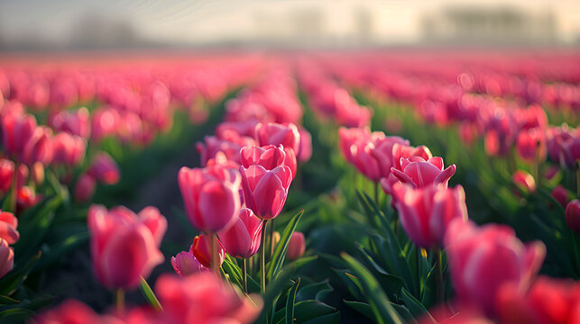 tulip, Flower beds in spring under a clear sky, tulips an Gros plan, Tulips roses sur le champ, Gros plan, Generative Ai