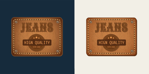 Leather textured belt label with text, topstitching, rivets. Detailed vintage illustration on dark, white background. Design element for denim style