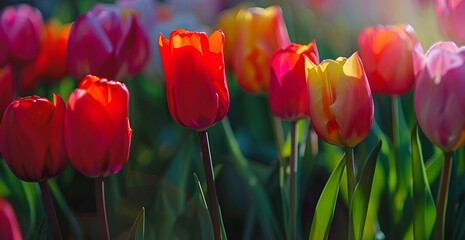 tulip, Flower beds in spring under a clear sky, tulips an Gros plan, Tulips roses sur le champ, Gros plan, Generative Ai - obrazy, fototapety, plakaty