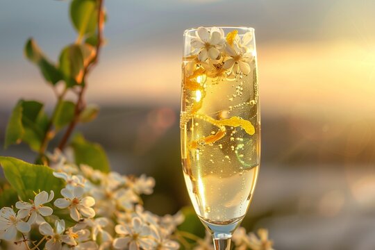 Eco-friendly elderflower and prosecco spritz, garnished with organic lemon zest and edible flowers, crafted in the spirit of Earth Day.