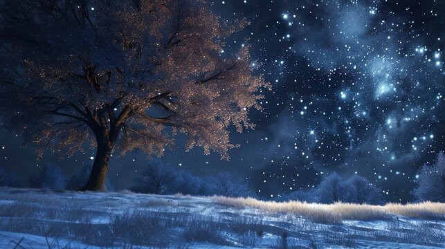 night scene with a snowy field and trees with stars in the sky