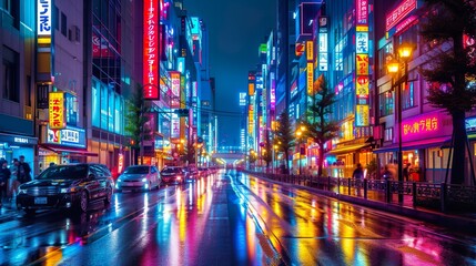 A night of the neon street at the downtown wide shot. Shinjuku district Tokyo Japan. It is center of the city in Tokyo. - obrazy, fototapety, plakaty
