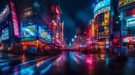 A night of the neon street at the downtown wide shot. Shinjuku district Tokyo Japan. It is center of the city in Tokyo. - obrazy, fototapety, plakaty