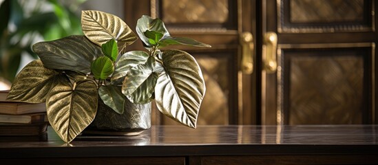 Betel leaves crafted from brass as decorative accents on a wooden cupboard door in a sunlit living area. - obrazy, fototapety, plakaty