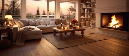 A cozy living room in a building with hardwood flooring, featuring a fireplace, a couch, and wooden furniture. Interior design at its finest