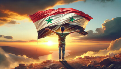 A young child stands with arms wide open, embracing the future, while holding a large Syrian flag aloft against a dramatic sunset backdrop.
