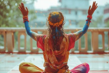 Colorfully adorned woman in traditional attire celebrates Holi