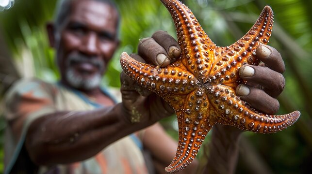 Close-up photo of a man show beautiful blue starfish caught in ocean