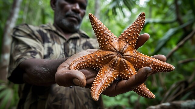 Close-up photo of a man show beautiful blue starfish caught in ocean