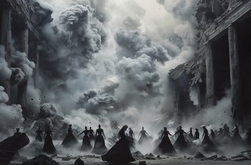 Surreal black and white illustration of ruined buildings in a stormy cloudscape with silhouettes of many women in flowing dresses.. From the series “Bad LSD," "Emergence."