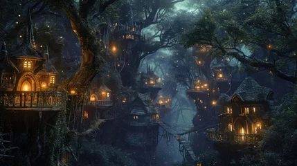 Foto op Plexiglas A fantasy scene of a hidden elven city in an ancient forest, with magical treehouses and glowing lights. Resplendent. © Summit Art Creations