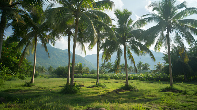 Palm oil plantation and morning sunlight, view palm trees, farmland several  palm trees, Generative Ai