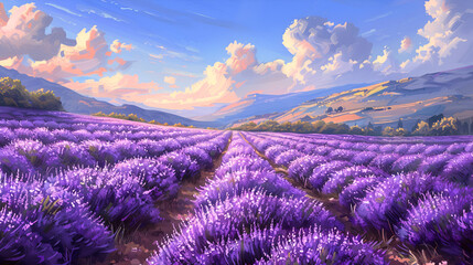 Stunning landscape with lavender field at sunset, Rich lavender field in Provence with a lone tree, Stunning lavender field landscape Summer sunset with single tree, Generative AI - obrazy, fototapety, plakaty