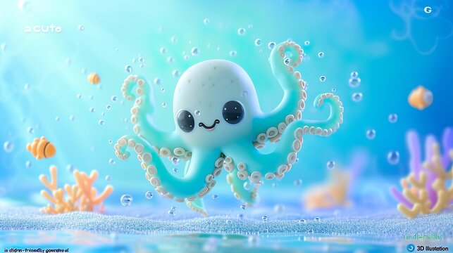 Cute octopus 3d cartoon with blank sign in his tentacles underwater