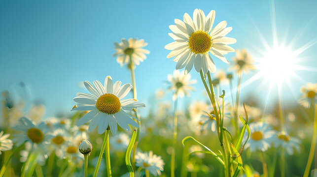 Daisy field against the sun, The landscape of white daisy blooms in a field, with the focus on the setting sun, landscape Daisy, Generative Ai