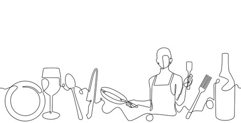 Abstract illustration with chef and cooking utensils. Vector background on culinary theme. 