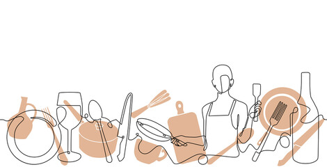 Abstract illustration with chef and cooking utensils. Vector background on culinary theme. 