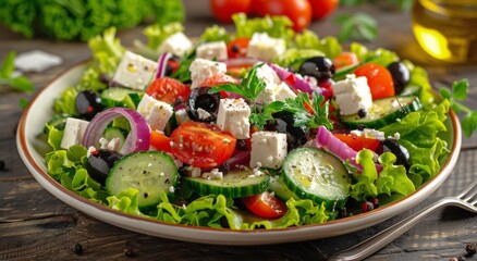 Plate of Salad With Tomatoes, Cucumber, Olives, and Feta