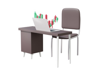 Online cryptocurrency stock trading risk buy sell, computer laptop and chair financial business investment. growth statistics on transparent background. 3d render illustration
