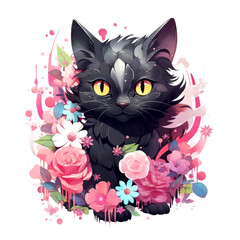 Black Cat with Floral Explosion Illustration