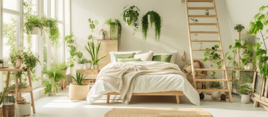 Boho bedroom interior featuring bed, ladder, and plant with green decor.