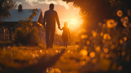 Sunset Bond: Man and Daughter Walking Home Together
 - obrazy, fototapety, plakaty
