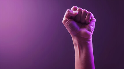 A woman hand on a pink background and inscription Girl power Image of women hand in first surrounded with drawing stars and wrapped withribbon with inscription over violet  Girls Power. Generative Ai