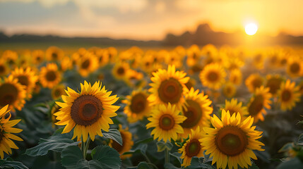 Sunflower field at sunset, Sunflowers blooming on farm, a common scene in late Summer and early Autumn, Sunset over the field of sunflowers against a cloudy sky. Beautiful summer landscape., Generativ
