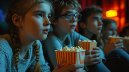 Young friends enjoys popcorn and engrossed in an intriguing movie. Seated in a dimly lit room, teenagers watch unfolding events with anticipation and excitement. The scene in dark blue and red hues