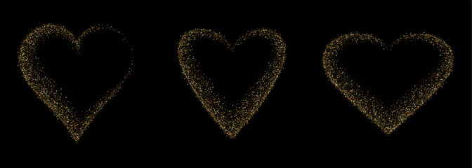 Gold glitter heart frame set. Luxury shimmer heart shape