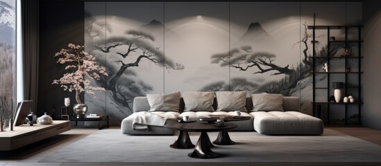 Modern Japanese-inspired room with a stylishly decorated gray wall.