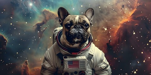 Canine Astronaut: Floating Among Stars in Space Suit, with Nebula Backdrop. Concept Dog in Space Suit, Nebula Background, Pet Astronaut, Galaxy Photoshoot, Cosmic Canine,
