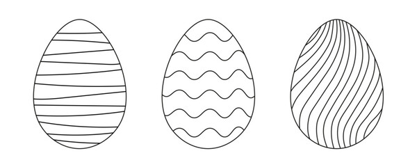 Collection of hand drawn Easter eggs isolated on transparent background. Coloring book page antistress for adults and children. Vector outline sketch illustration