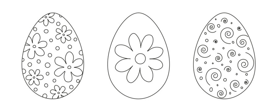 Hand drawn Easter eggs isolated on transparent background. Beautiful doodle ornament. Coloring book page antistress. Vector outline sketch illustration