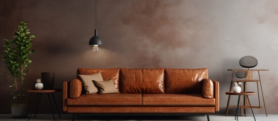 The living room features a brown leather couch against a brown wall, with hardwood flooring and warm lighting creating a cozy atmosphere
