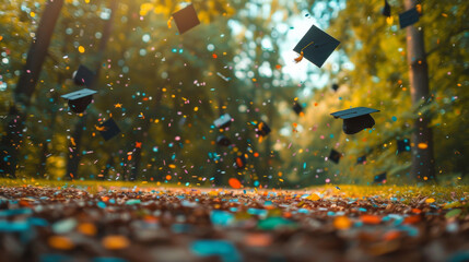 Triumph in the Sky: Close-Up Graduation Cap and Confetti
