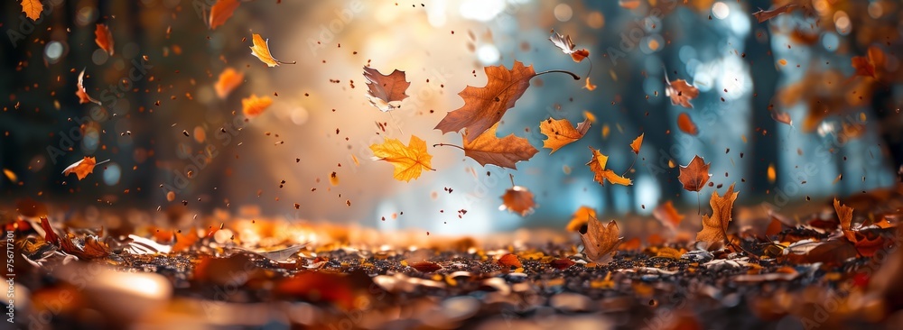 Wall mural autumn background with golden autumn leaves falling on the ground in a forest generative ai