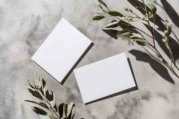 Business cards mock up on marble background and leaves