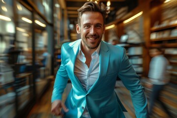 Dynamic businessman running with a smile in a modern office space - obrazy, fototapety, plakaty