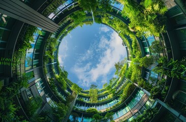 Inside view of ecofriendly city building with trees emerging from walls, showcasing green architecture concept.