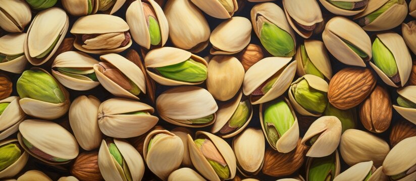 A close up of a pile of pistachios and almonds, showcasing the beauty of these plantbased ingredients. Both are staple foods and fixtures in various culinary dishes