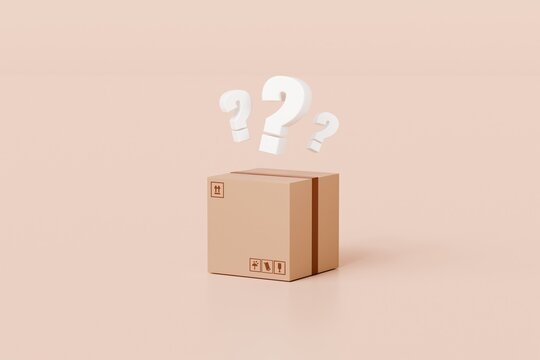 3d Mystery box, Delivery box or Cardboard box with question mark FAQ icon symbol on isolated orange background. Ecommerce online shopping delivery concept. Minimal Cartoon design icon. 3d rendering.